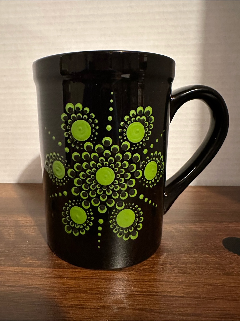 Hand painted Black Ceramic Mug with Green Dot Floral Design -
